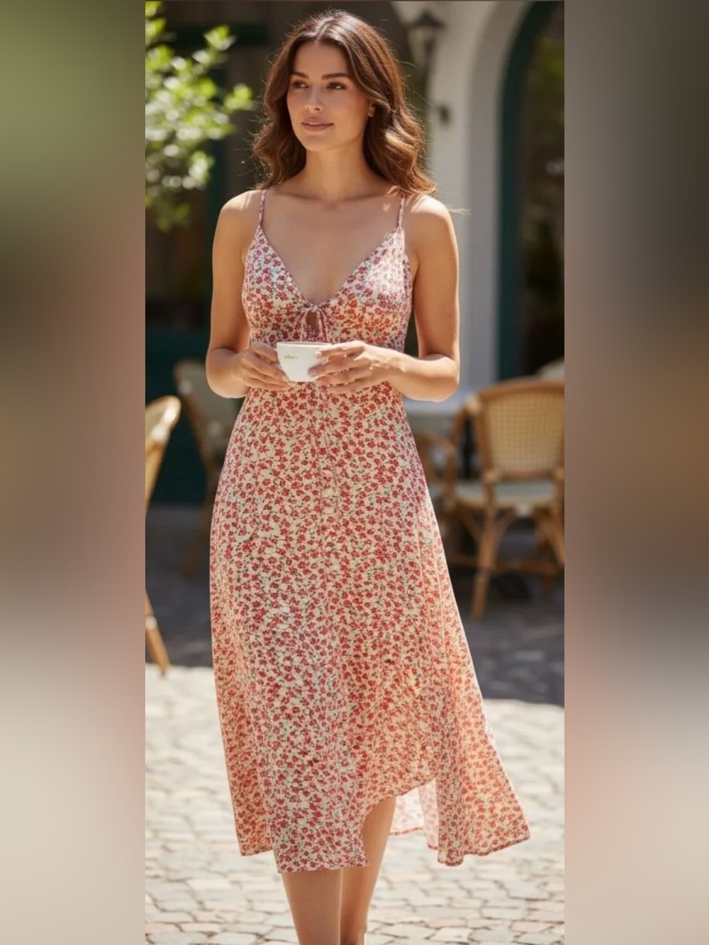 NWT Reverof Spaghetti-Strap Maxi Dress in Red Floral on Cream